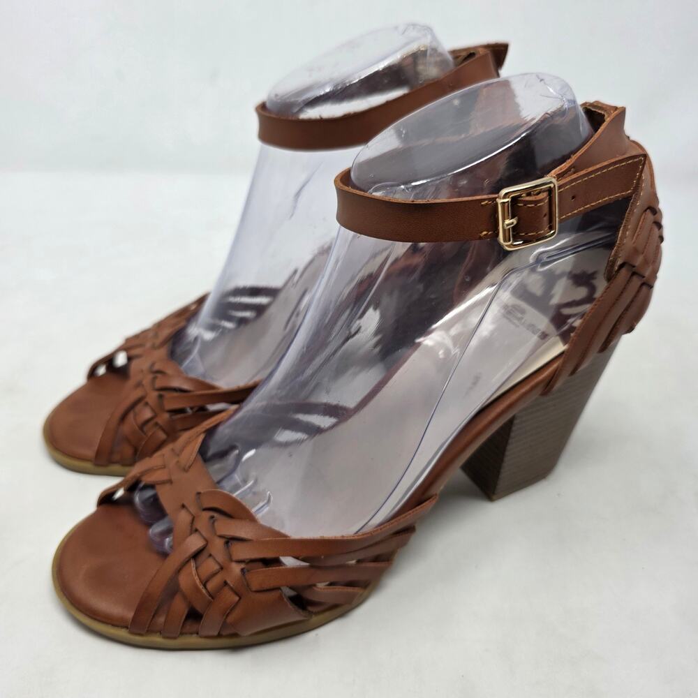 Fergalicious by Fergie Brown Woven Ankle Strap Block Heel Sandals Womens 8